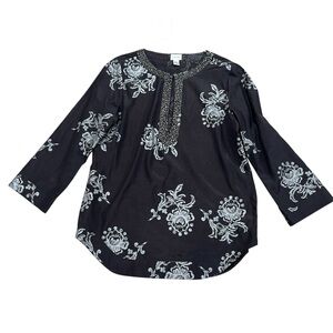 CHICO'S SIZE 2/L BLACK & SILVER GRAY FLORAL PRINT BEADED TUNIC BLOUSE Day Night